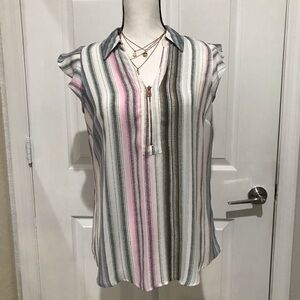 Candie's Multicolor Striped Cap Sleeve Collar V-Neck Front Zipper Blouse